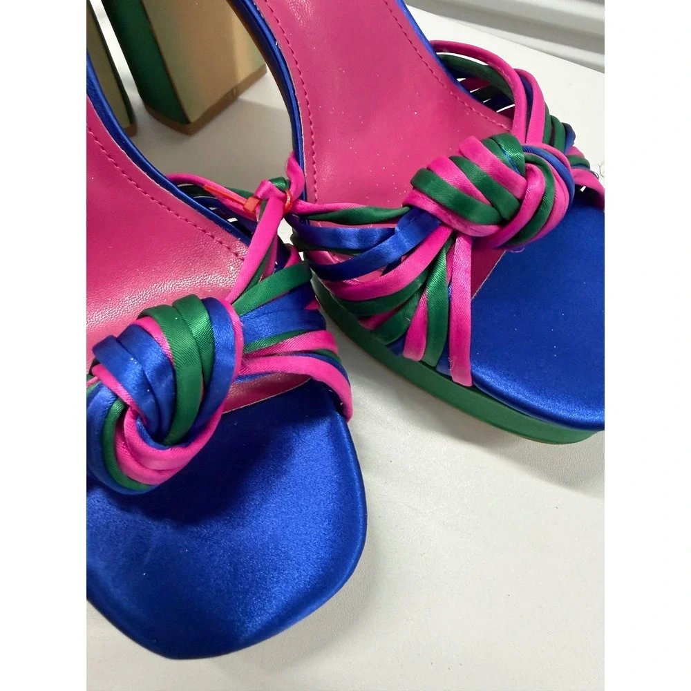 Shoe Envy Multi-Color Satin Platform Block Heels Pink Blue Green Size 6.5